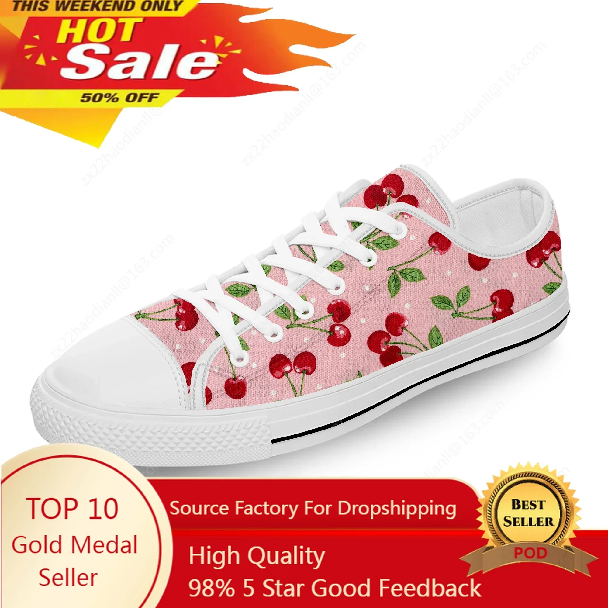 Cherry Pattern Low Top Sneaker Men Women Teenager Canvas High Quality Sneaker Casual Custom Made Shoe Customize DIY Shoe
