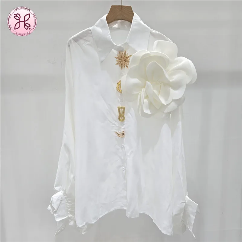 

Unique Design 3D Button Floral Shirt Fashion Sense, New Women's Clothing Batwing Sleeve White Elegant Versatile Blouse