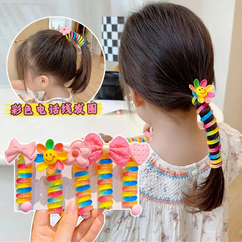 2Pcs Girls Elastic Rubber Bands Children Telephone Wire Hair Ties Spiral Coil Hairbands Hair Rope Ponytail Hair Accessories