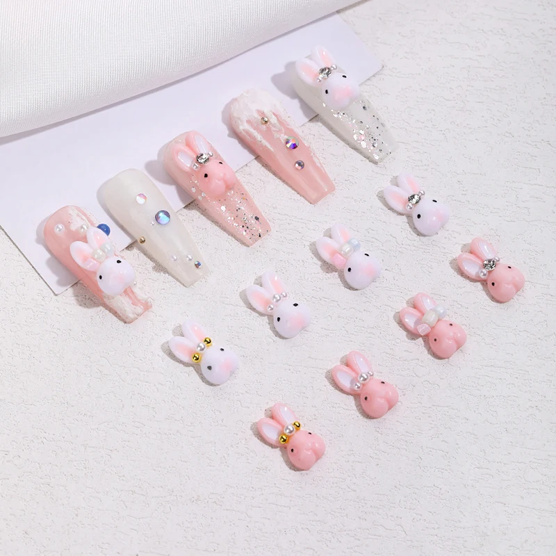 4 Pcs Rabbits Nails Accessories Mini Bunny Pearl Drill Nail Charms 3d Kawaii Resin Ornaments For Manicure Diy Decorations