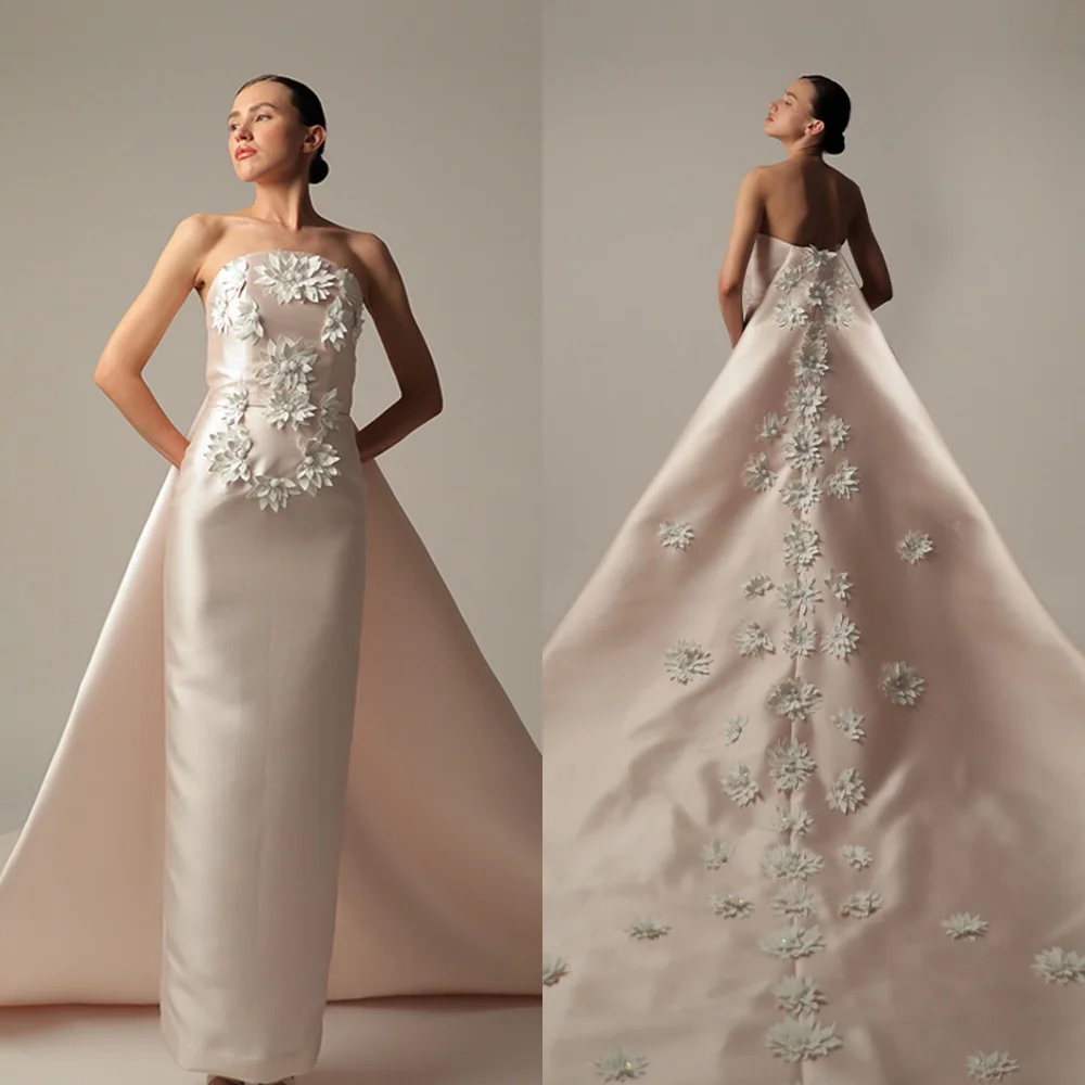 

Customized es Flower Draped Wedding Party A-line Strapless Bespoke Occasion Gown Long Dresses