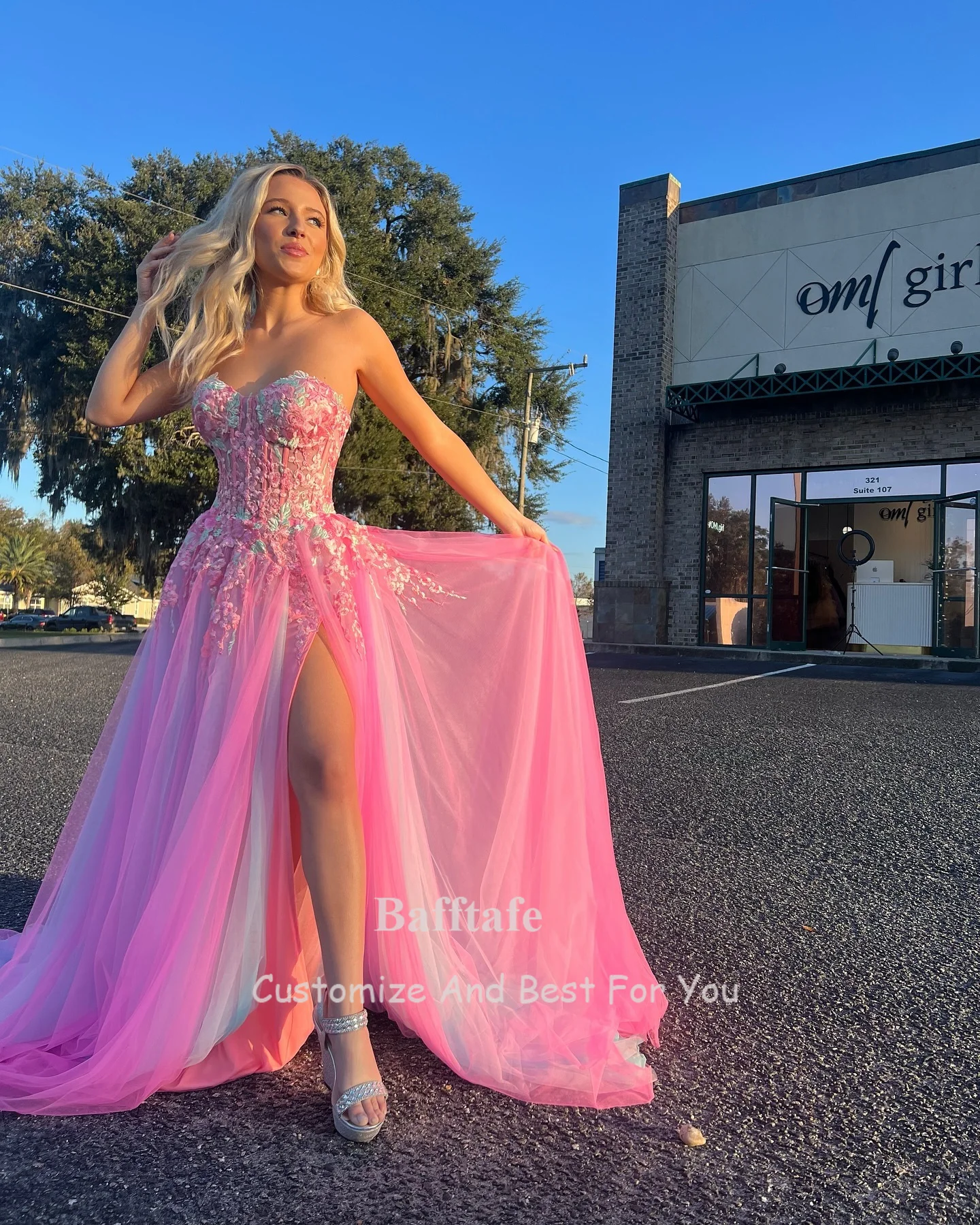 Bafftafe Customized Fairy Pink Sky Blue Prom Party Dresses Applique Women Evening Dress Slit Formal Wedding Engagement Gowns