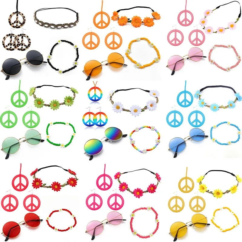 1pcs Costume Set Includes Peace Sign Necklace and Earrings, Flower Crown Headband and Hippie Sunglasses 70s Accessories