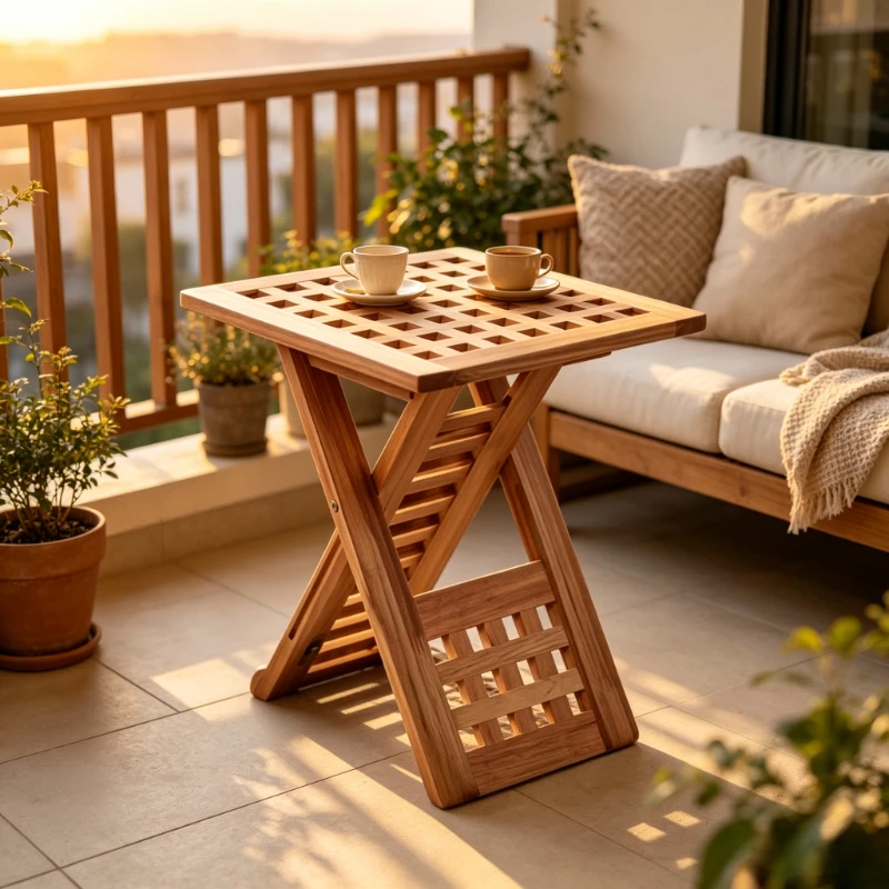 Space-Saving Side Table for home,Foldable Solid Wood Coffee Table, Grid Design Portable Tea Desk for Balcony,Creative Home Decor