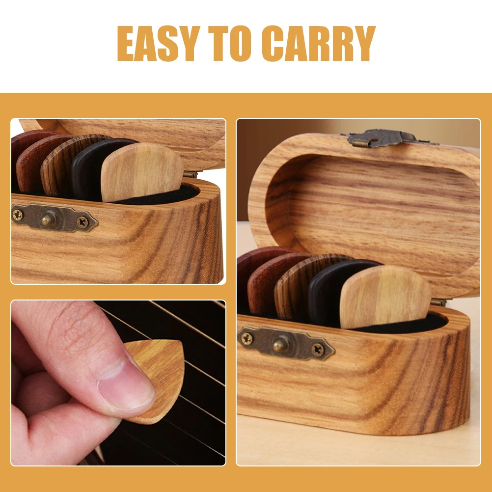 

6 Wooden Guitar Pick Storage Boxes with 5 Picks Compact Organizer for Electric Bass Acoustic Folk Guitar Accessories Set Thick