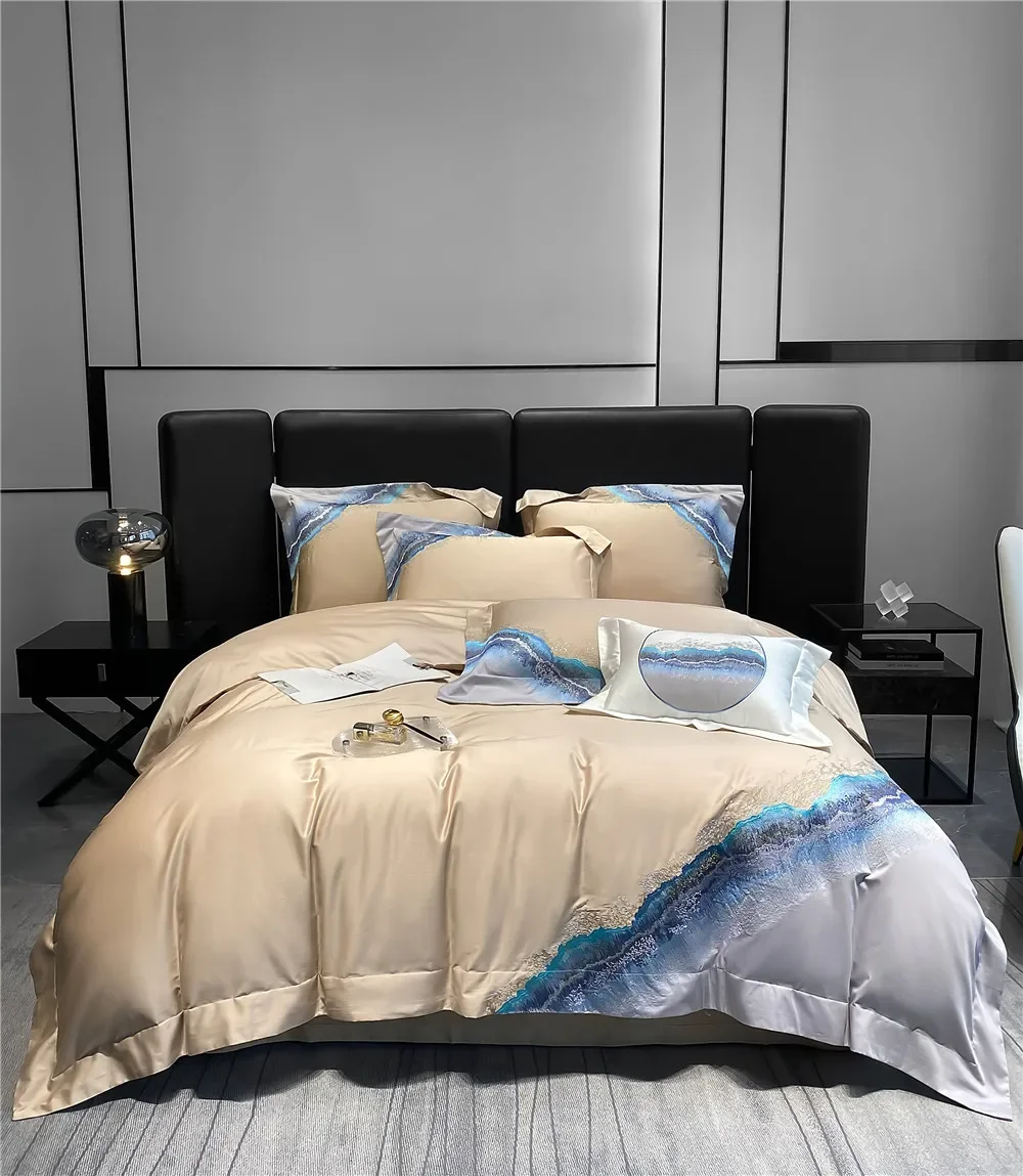 

Long staple cotton mountain and sea embroidery four piece set of pure cotton simple contrasting color bedding