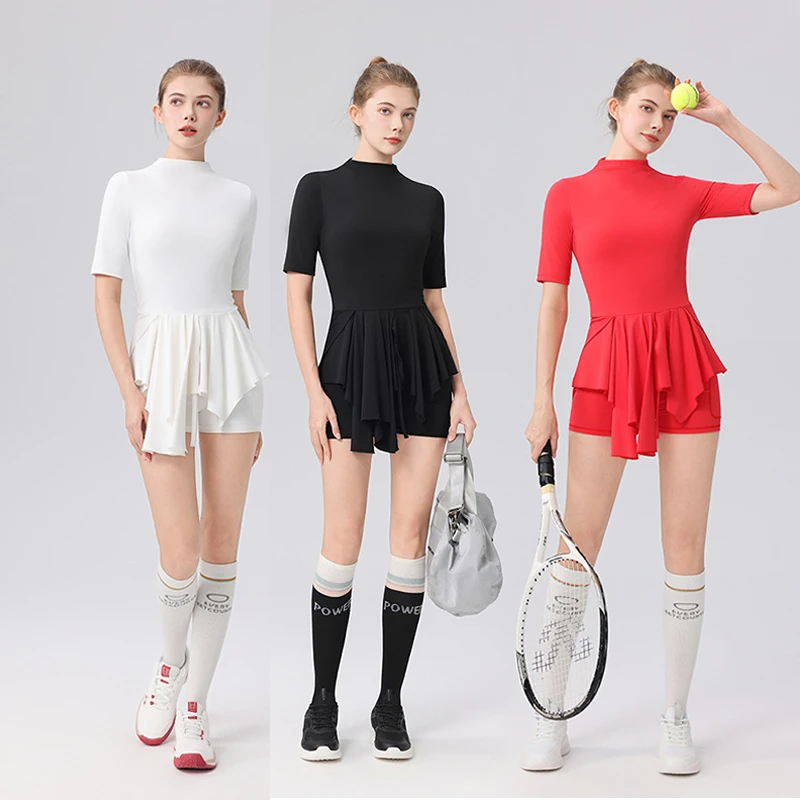 

Tennis Dress Women with Separate Shorts Quick-dry Golf Sport Skirts Set with Pockets Half Sleeve Slim Running GYM Yoga Dresses