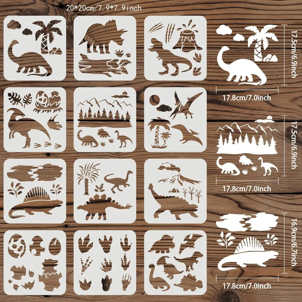 12 Pcs Dinosaur Stencils 7.9x7.9 inch Dinosaur Forest Stencil Plastic Dinosaur Footprint Eggs Stencil Reusable Tyrannosaurus