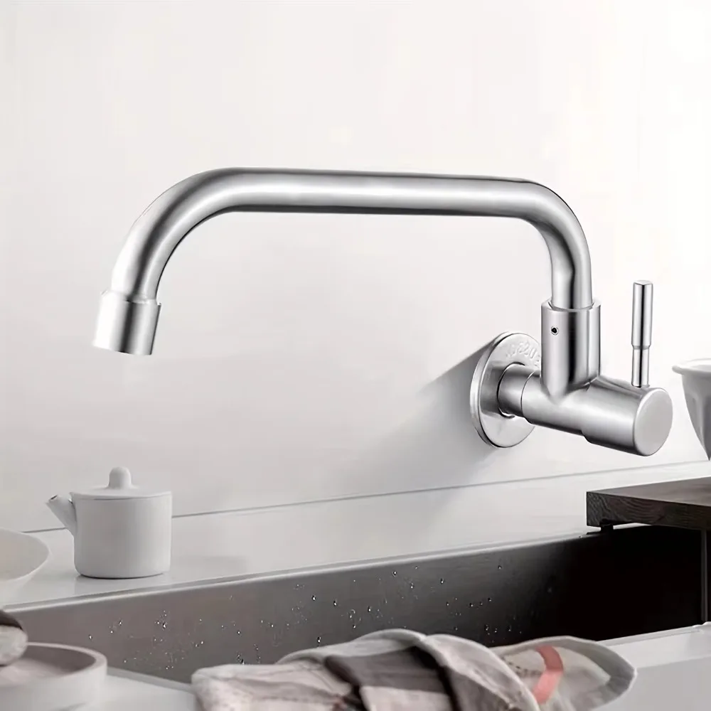 

Wall Mounted Rotatable Kitchen Faucet Splash-proof Stainless Steel Sink Water Tap Curved Design Universal