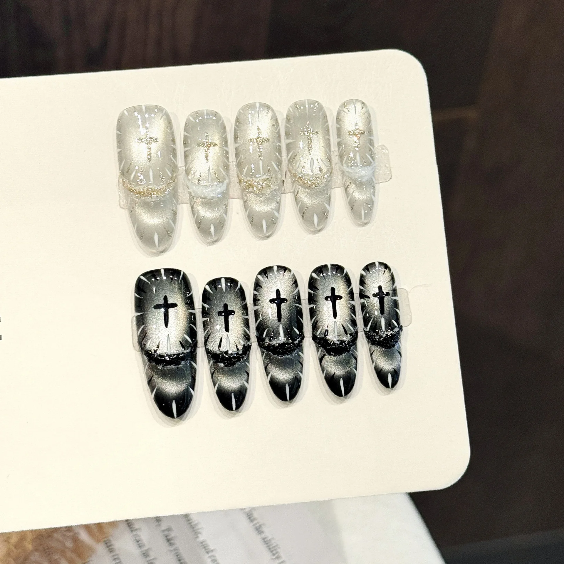 10Pcs Handmade Long Oval Silver Black Gradient Press On Nails Glamorous False Nails for Women With 4-PIECE Tool Adhesive Nail