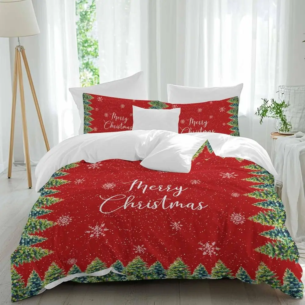 

Merry Chrisas Sheet Set, Chrisas Tree lake Red Background 4 Pieces Breathable Sot Duvet Cover Set Bedding Cozy Bed lat Sheets or