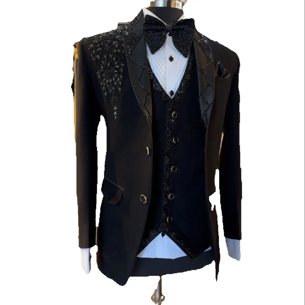 

Luxury Diamond Beading Men Suits Customized Groom Tuxedos 3 Pieces Sets Party Prom Blazer Slim Fit Elegance Costume Homme