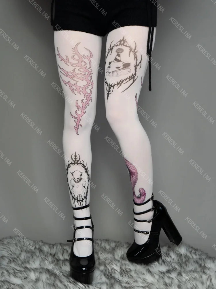 

Punk chic geometric pattern printed women's long socks Y2K Harajuku aesthetic street sexy emo girl dark style women's pantyhose
