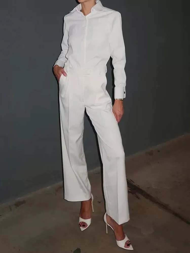 

White Office 2 Pieces Set For Woman Fashion Long Sleeve Turn-down Collar Button Shirt+High Waist Pants Sets Outfits Lady Spring