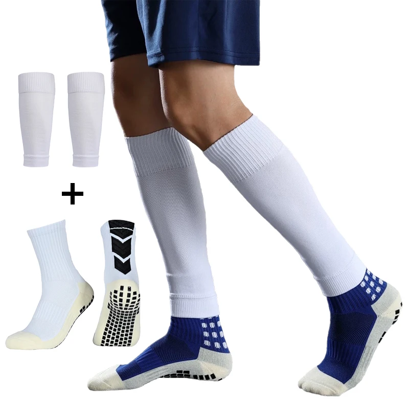 2 Pairs A Set Men Grip Soccer Socks and Knee Pads Calf Sleeves Adult Kids Non Slip Leg Shin Guards for Basketball Football Sport