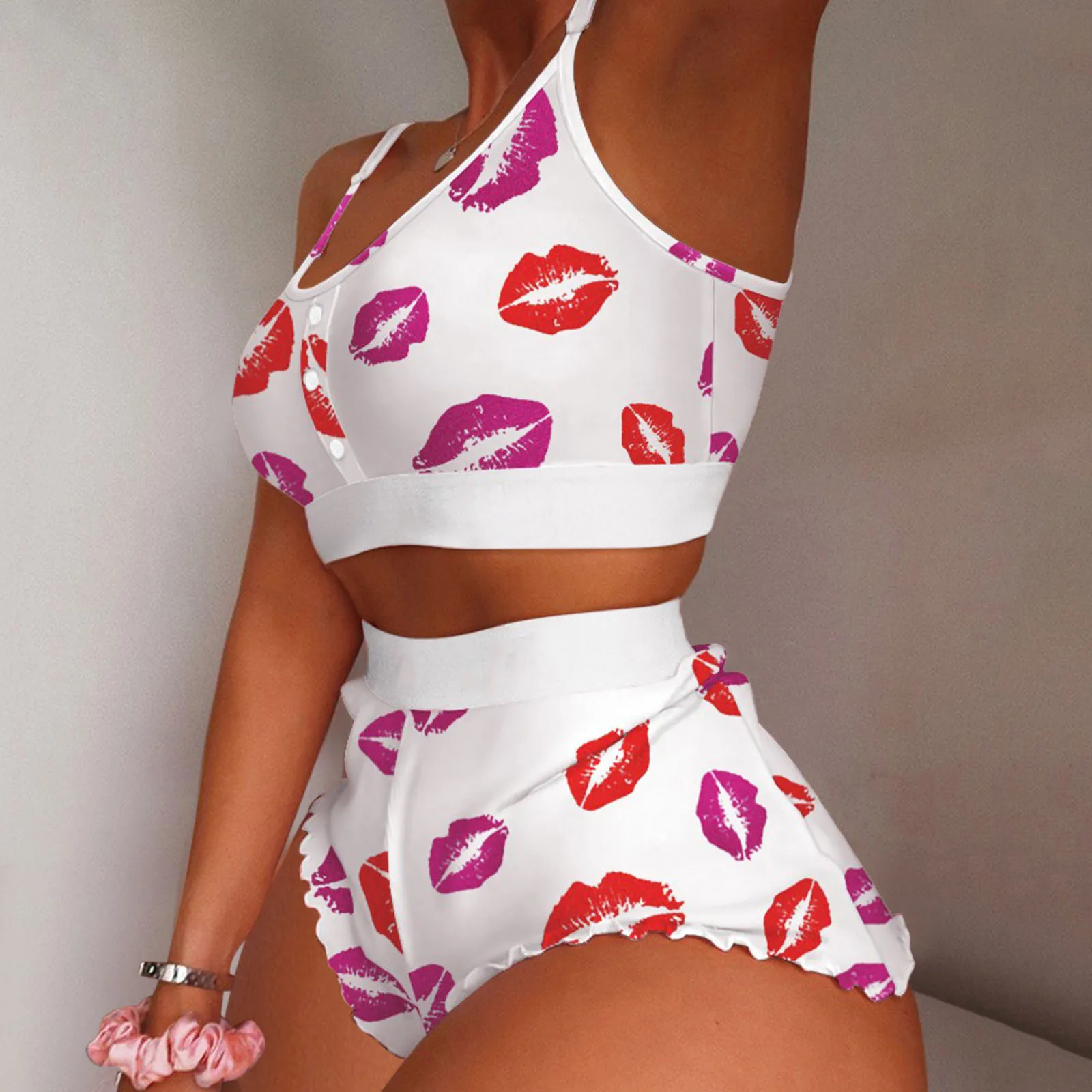 Women Fashion Lips Print Home Suspended Pajamas Set Vest Bra Top Short Sleepwear Nightwear Lingerie Women\'s Nightgown