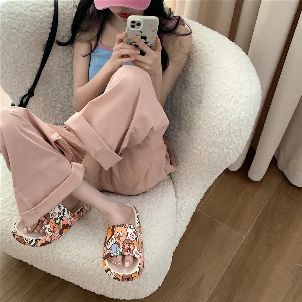 Women Cute Slippers Soft And Thick Soles Cute Cartoon Print Slippers For Female 2024 Summer Beach Slipper Women Sandals