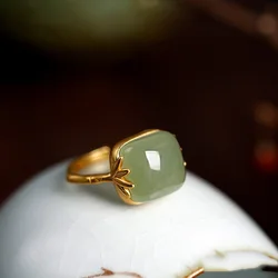 PANJBJ 925 Sterling Silver Hotan Jade Geometric Ring for Women Girl Adjustable Retro Delicate Jewelry Birthday Gift Dropshipping