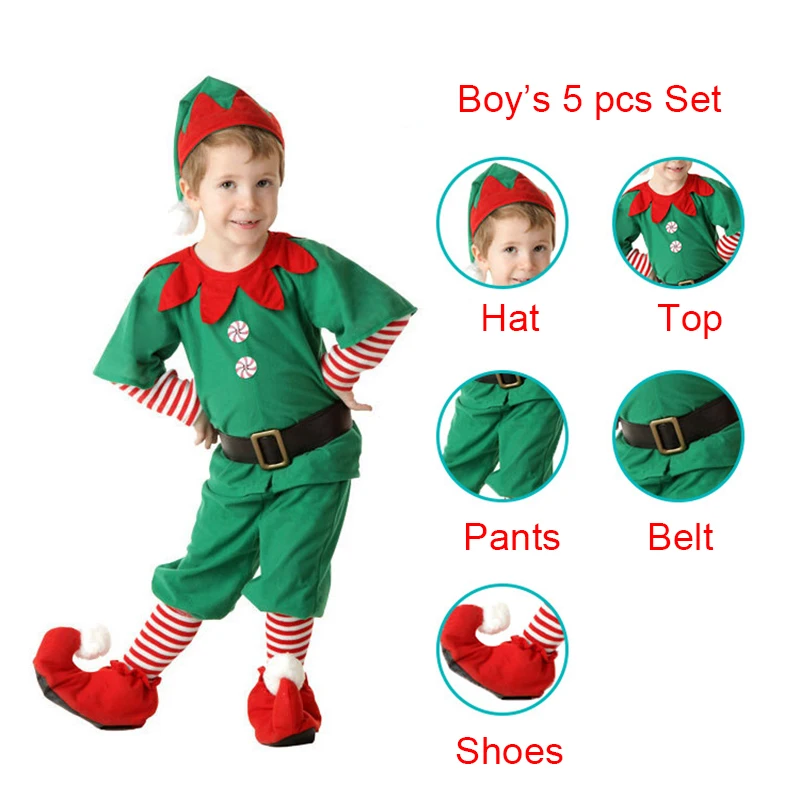 Christmas Santa Claus Costume Green Elf Cosplay Outfits Family Carnival Party New Year Xmas Fancy Dress For Men Women Girls Boys