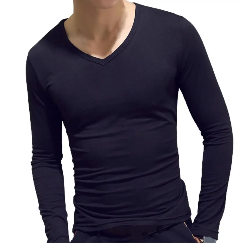 Sports Gym Long Sleeve Slim Fit T-shirt Men\'s Solid Color Casual V-neck Underlay Shirt Round Neck T Shirt Fitness Sport T Shirt