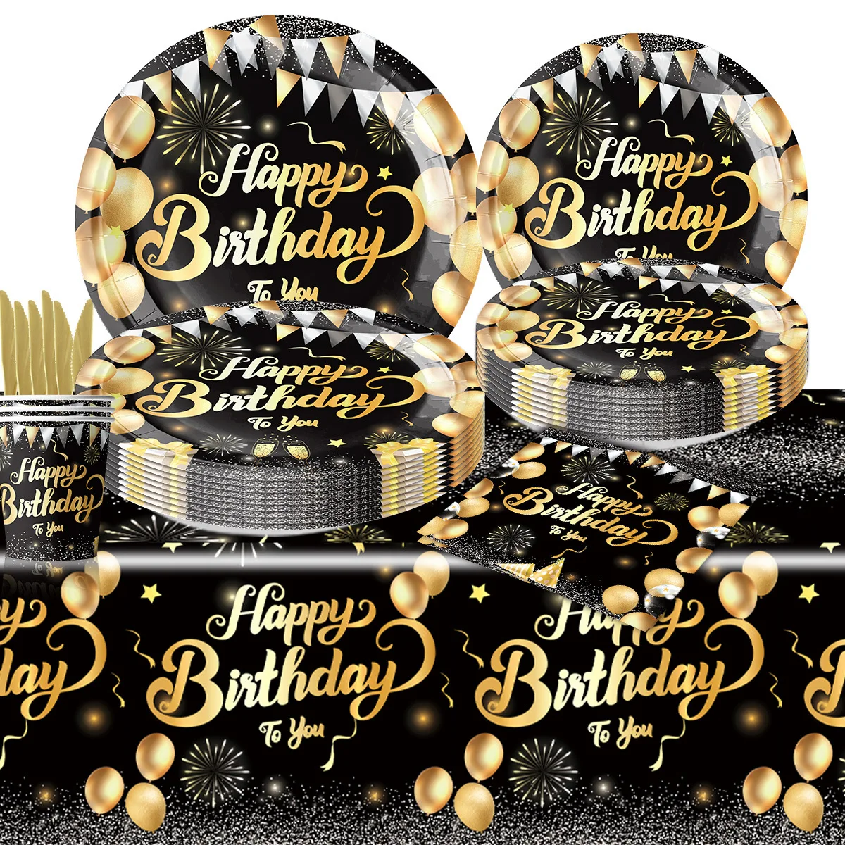 

Black Gold Happy Birthday Party Decoration Black Gold Happy Birthday Plates Tablecloth Kids Adults Men 30th 40th Birthday Decor