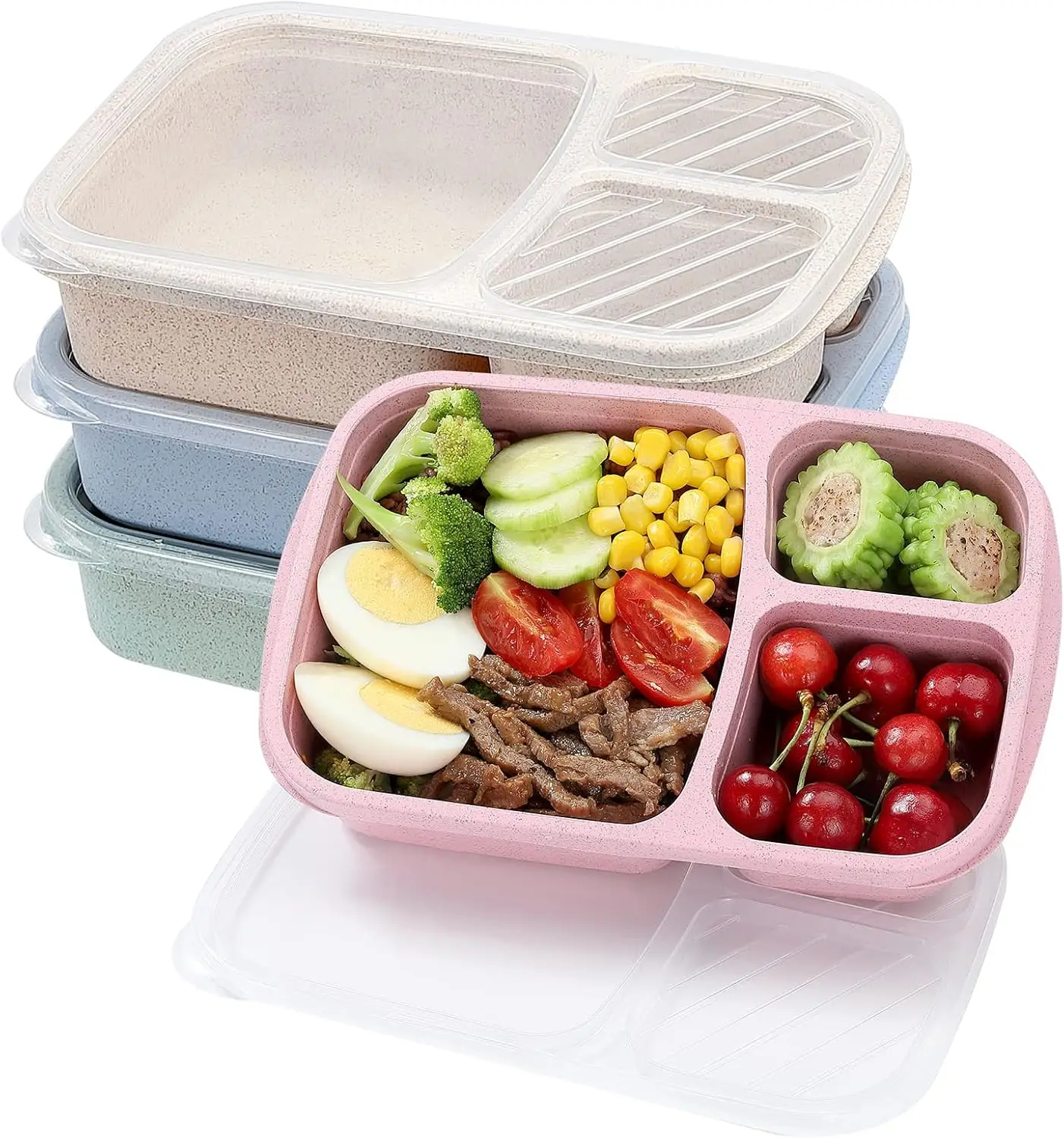 

Набор из 4 упаковок Bento Lunch Box, 3-х отделений, контейнеры для хранения продуктов, пшеничная солома, ланч-бокс для приготовления еды, пластиковые контейнеры для хранения еды