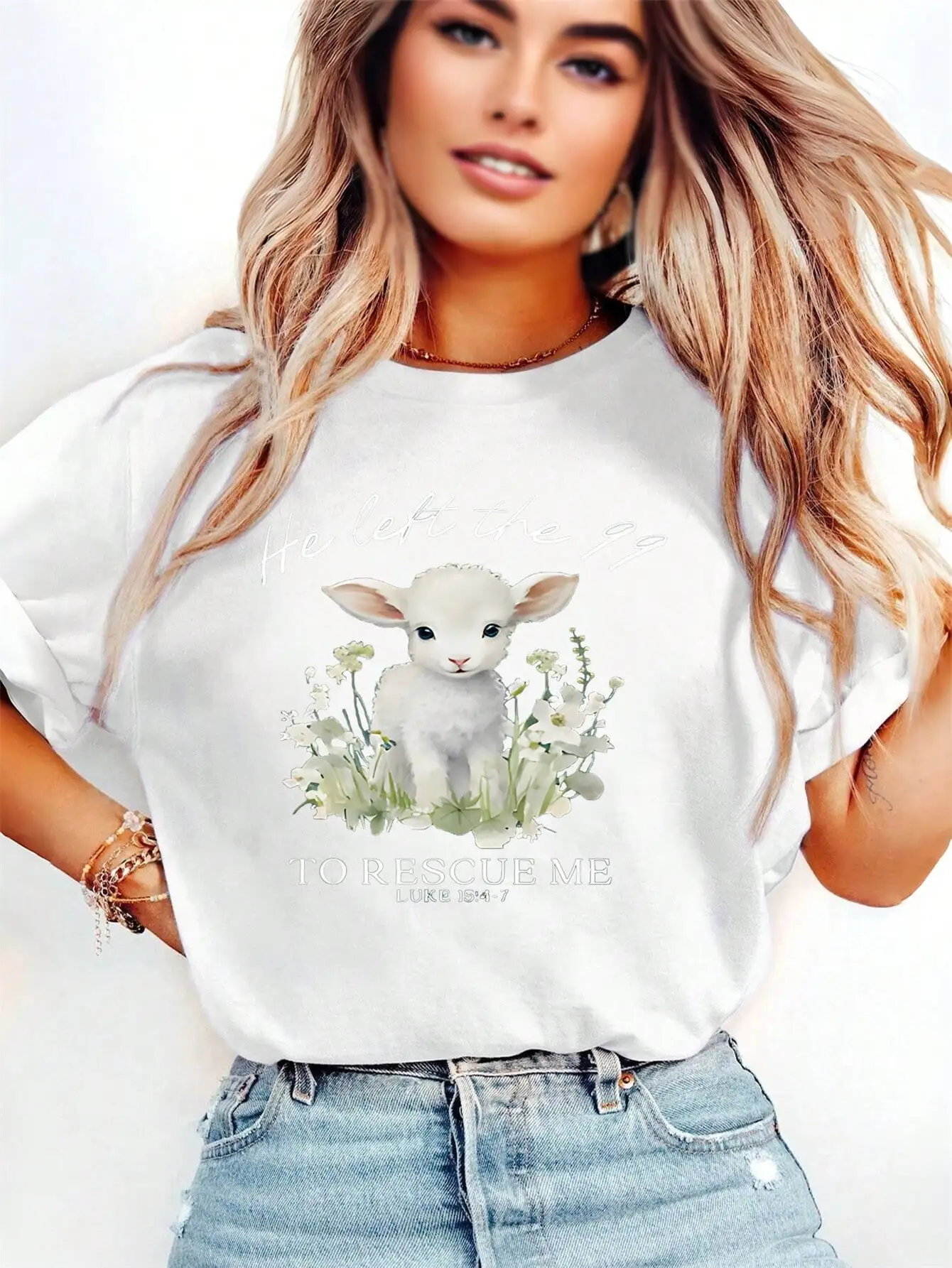 

Ladies' Casual Cute Lamb T-shirt - Christian Inspirational Pattern T-shirt, Bible Text Women's Clothing