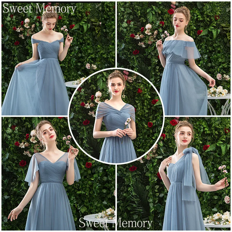 Robe de demoiselle d'honneur bleue poussiéreuse, sur mesure, longue robe formelle en Tulle pour femmes, longueur au sol à lacets, robe de soirée de mariage