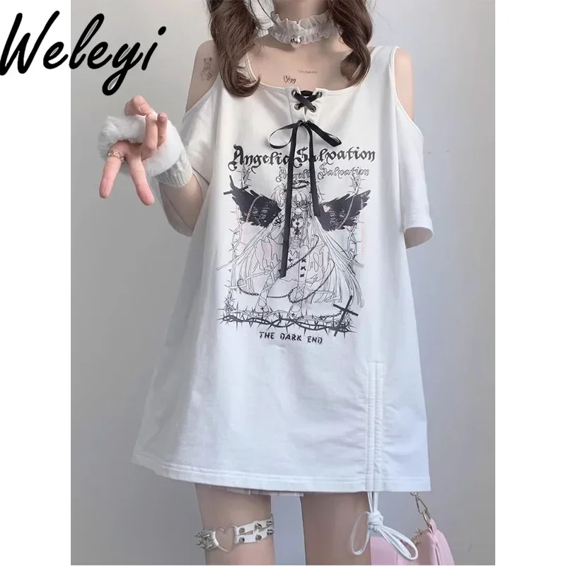 Kawaii Jirai Kei T Shirt Summer Japanese College Style Wear Womens Drawstring Off Shoulder Anime Cute Sweet Short Sleeve Y2k Top