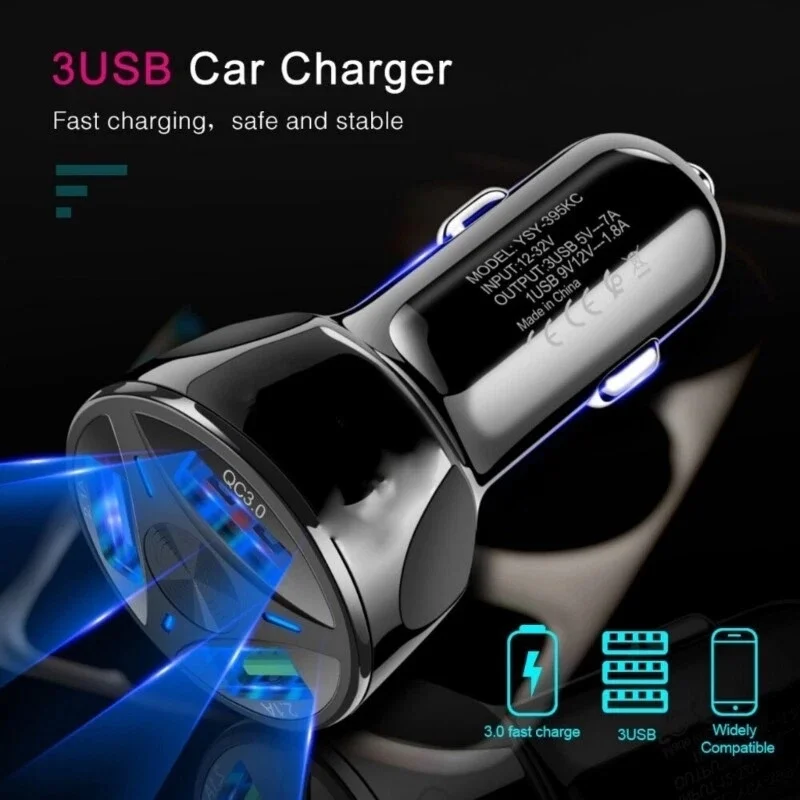 35W Car Charger Quick Charge 3.0 3 Ports Phone Charger With 1.2M Line Car For iPhone 16 15 For Samsung Fast Car Mobile Charging