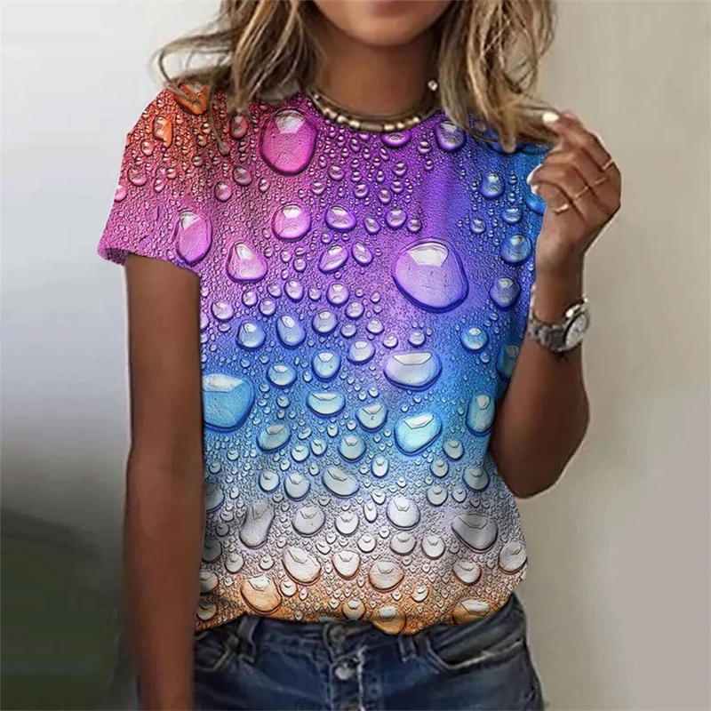 T-Shirt à manches courtes pour femmes, motif de gouttelettes colorées, dégradé imprimé en 3D, t-shirts d'été surdimensionnés, col rond, Y2K