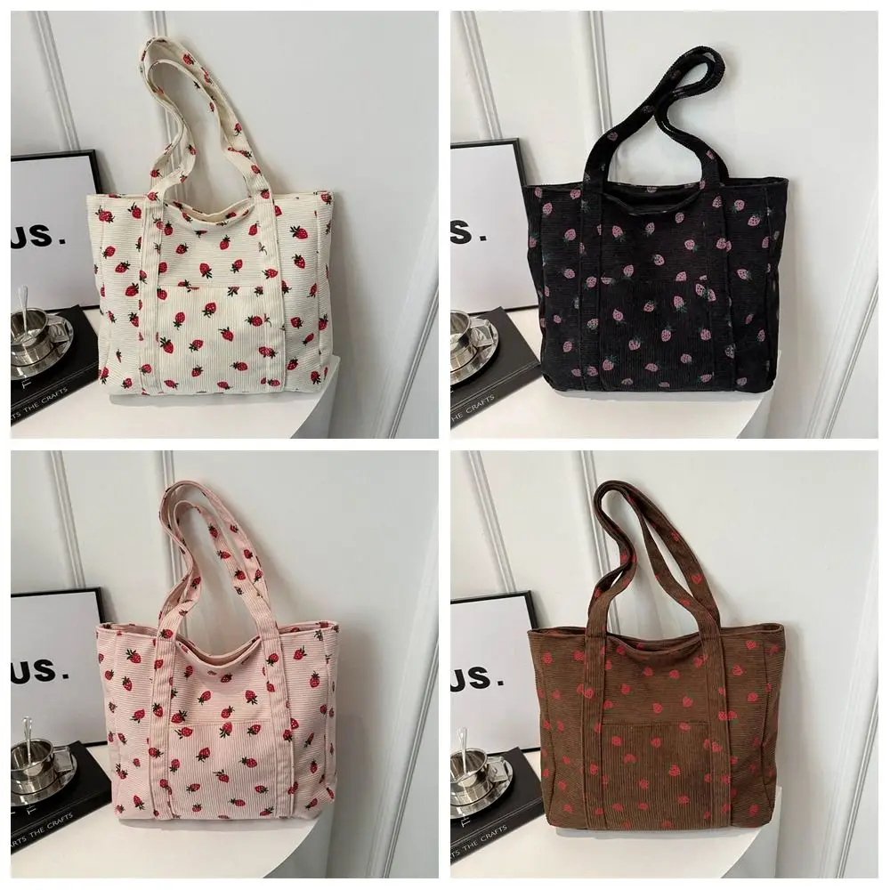 Bolso de mano de gran capacidad con estampado de fresas para mujer, bolsa de hombro, bolso de compras de estilo coreano, bolso de mano de pana