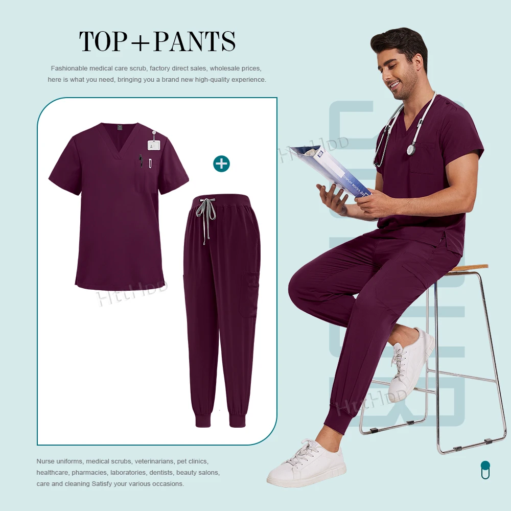 Peelings-Set für Herren, medizinische Uniformen, Stretch-Peeling-Oberteile mit Taschenhose, Krankenschwester-Uniform, Arzt-Operation, Overalls, Schönheitssalon, Arbeitskleidung – Detail 16