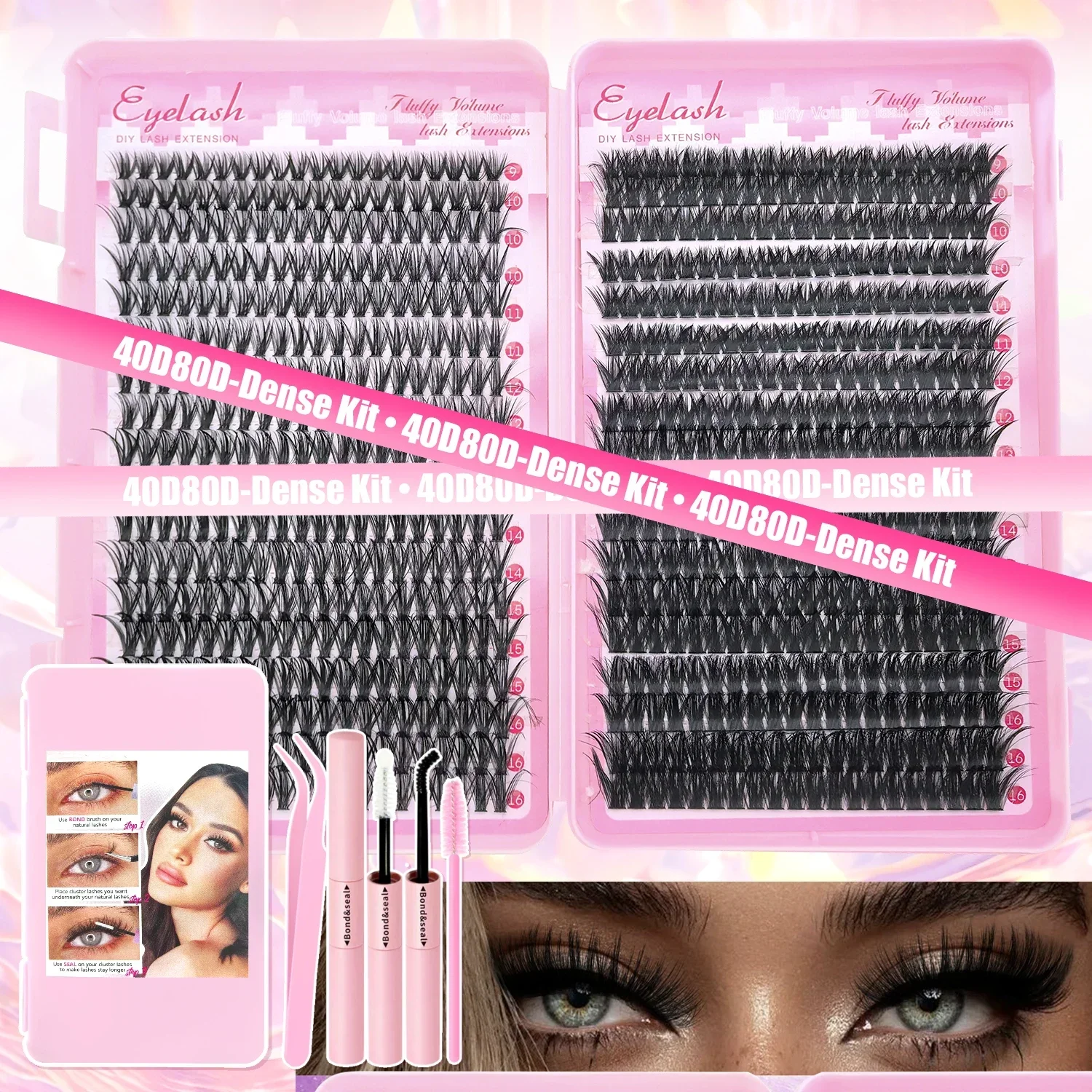 DIY Cluster Lash Extension Kit 9-16mm Wispy Natural Manga Individual Eyelashes Set with Lash Bond Seal Glue