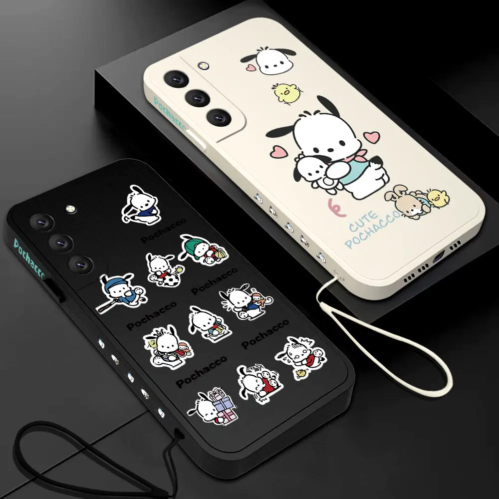 Cool Sanrio Pochacco Phone Case For Samsung Galaxy S24 S23 S22 S21 S20 Ultra Plus FE S10 4G S9 S10E Note 20 10 Plus With Lanyard