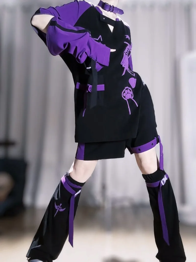Japanischer Stil Coole Y2k Cosplay Delinquent Girl Abnehmbares T-Shirt Shorts Beinabdeckungen Set Gothic Freizeitkleidung Themenparty-Outfits – Detail 4