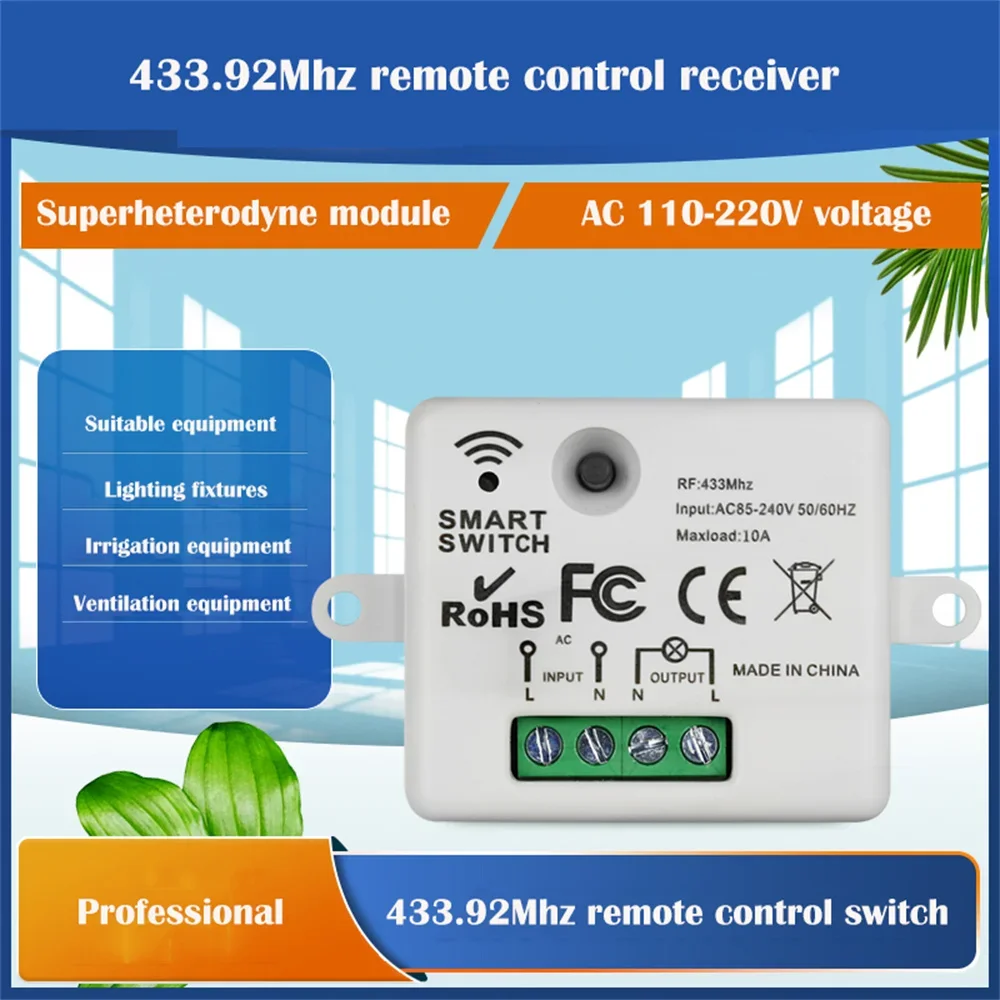 433.92MHz AC 110V 220V Wireless RF Remote Control Switch 1CH Relay Receiver For Led Light Bulb DIY Control