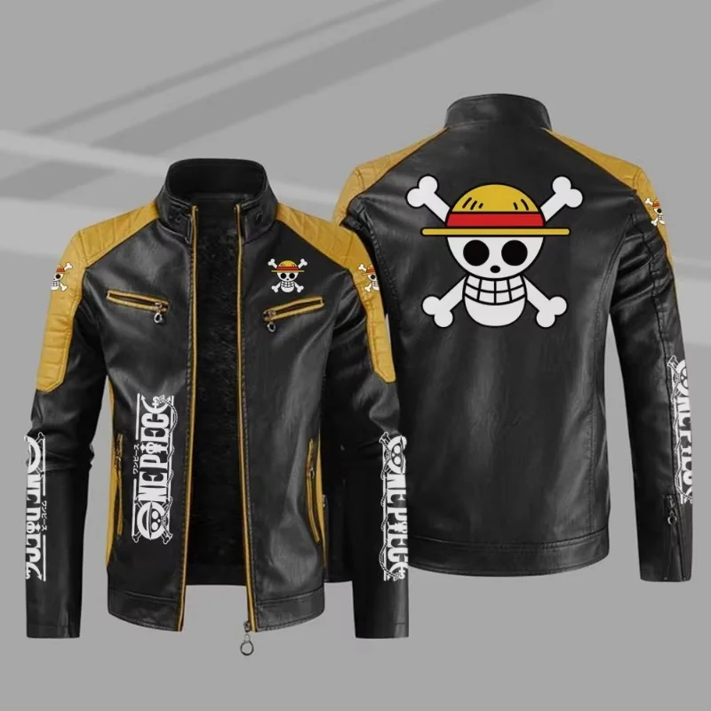 One Piece Men'S Leather Jackets Anime Autumn Casual Stabd Collar