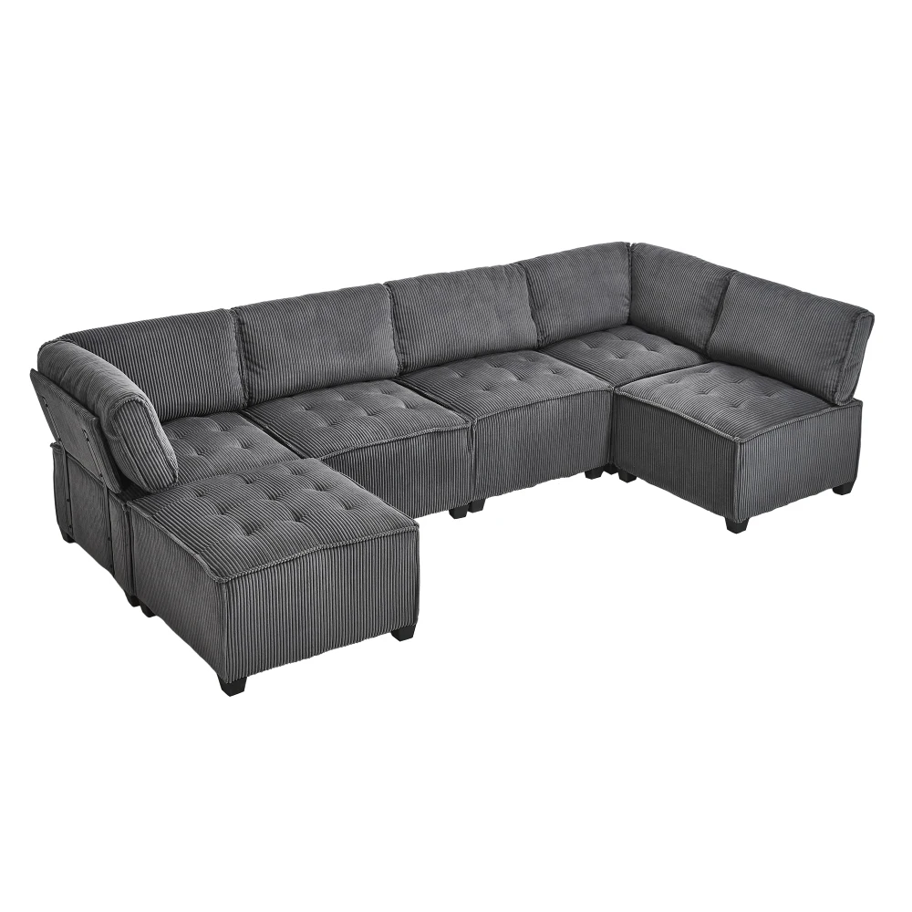 Sofa Modulares 6-Sitzer-Sofa, Kordelstoff, ergonomisch, Aufbewahrungstaschen, flexibel kombiniert als U-Form/L-Form/Sofabett – Detail 26