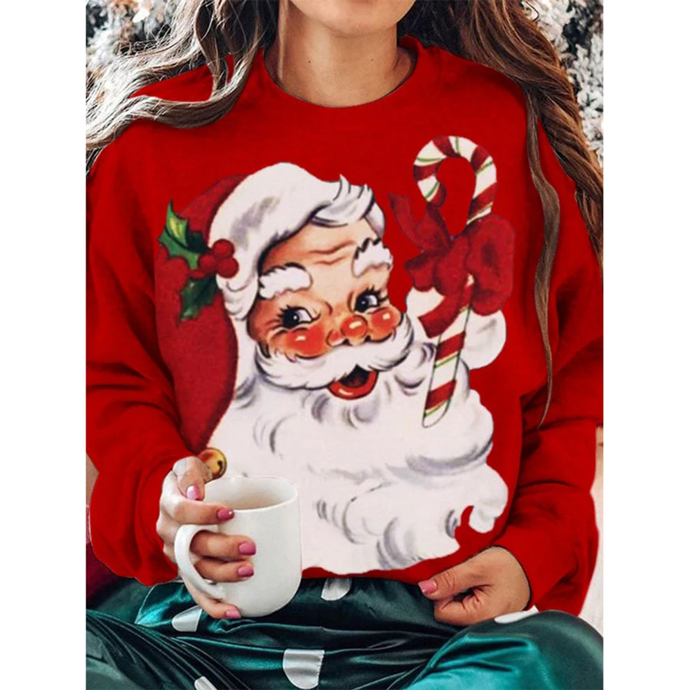 Women's Sweatshirt Christmas Print Design Autumn Thin Sweatshirt Girls Christmas Bow Gift Holiday Premium red Hoodie Santa Claus