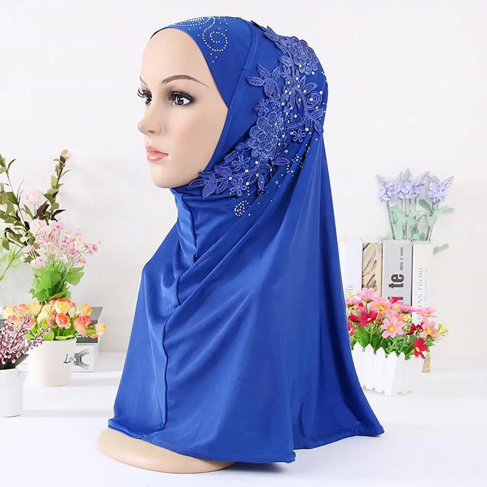 Muts Sjaal Effen Kleur Vrouwen Kant Strass Moslim Hijab Wrap Islamitische Hoofdbedekking