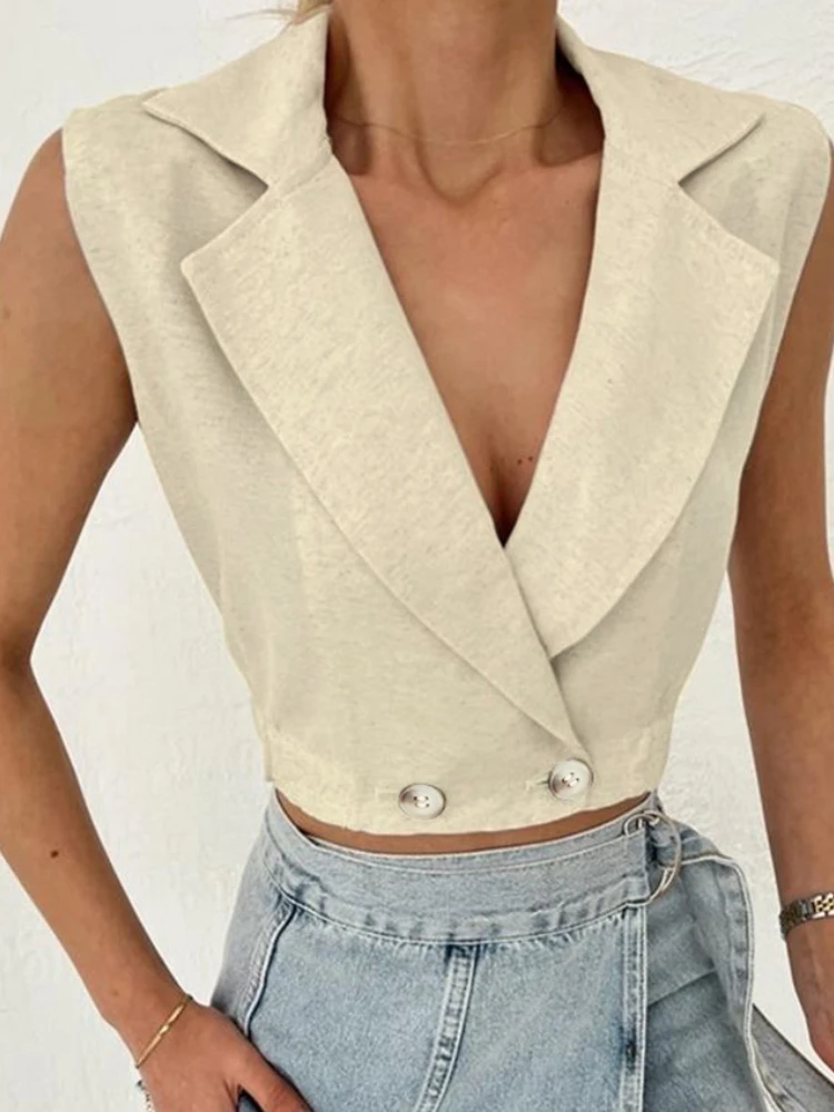 2024 New in Summer Women Solid Color Apricot Turn-down Collar Linen Tank Tops Sleeveless V-neck Vest Crop Tops for Women Female