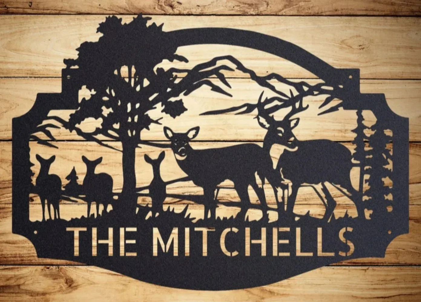 Majestic Personalized Deer Metal Cabin Sign, Ideal for Outdoor Hunters. Custom Family Last Name Monogram, A-38R Hunting Emblem.