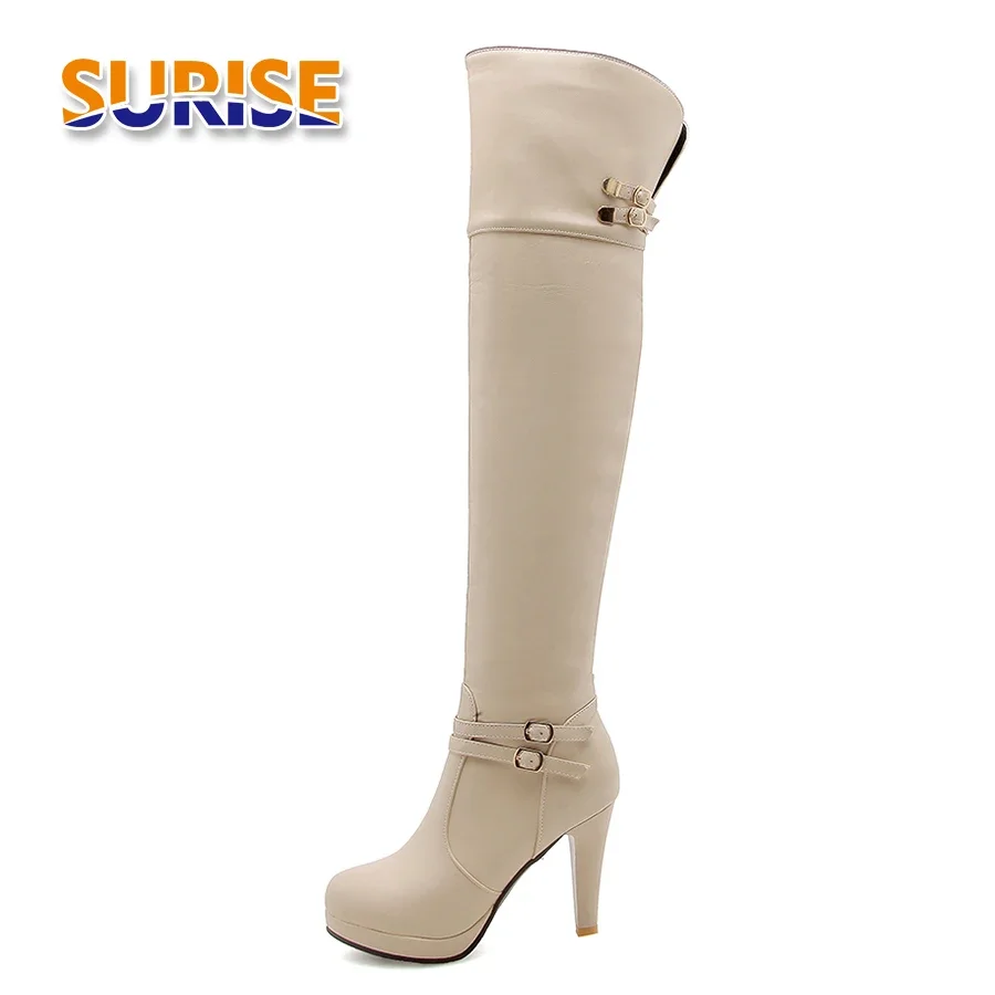 

Женские сапоги до бедра на платформе, высокие каблуки 10 см, черно-белые вечерние клубные женские сапоги выше колена с круглым носком и пряжкой на молнии