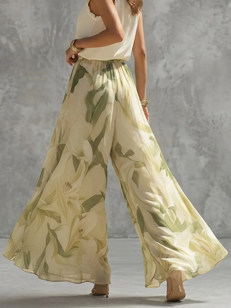 UOOZEE Women's Elegant Floral Printed Wide Leg Summer Matching Pants Loose High Waisted Bohemian Casual Trousers Bottoms