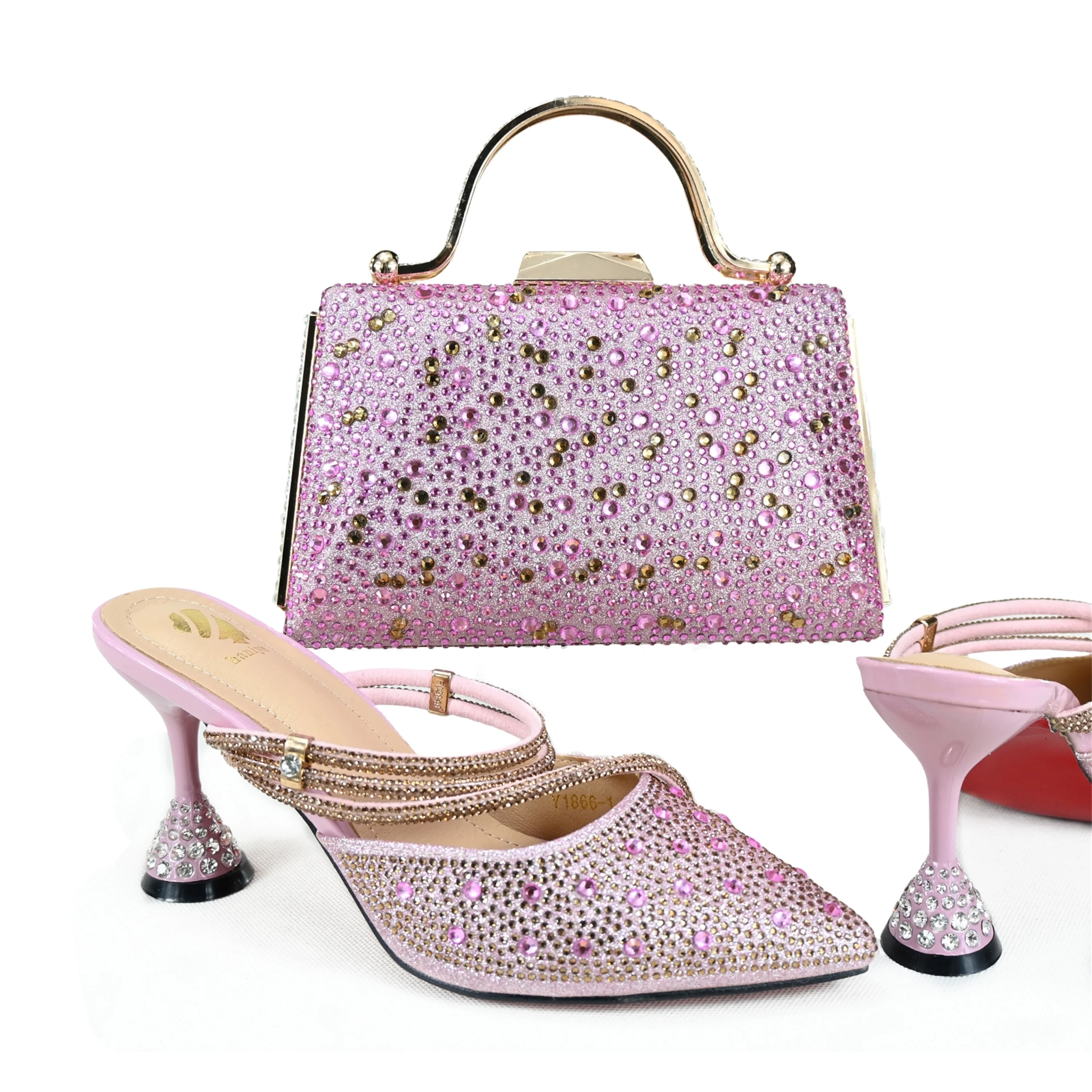 Haniye Pink Point Head Thin High Heels For Woman Rhinestone Matching Bag Set Shoe and Bag Set for Party