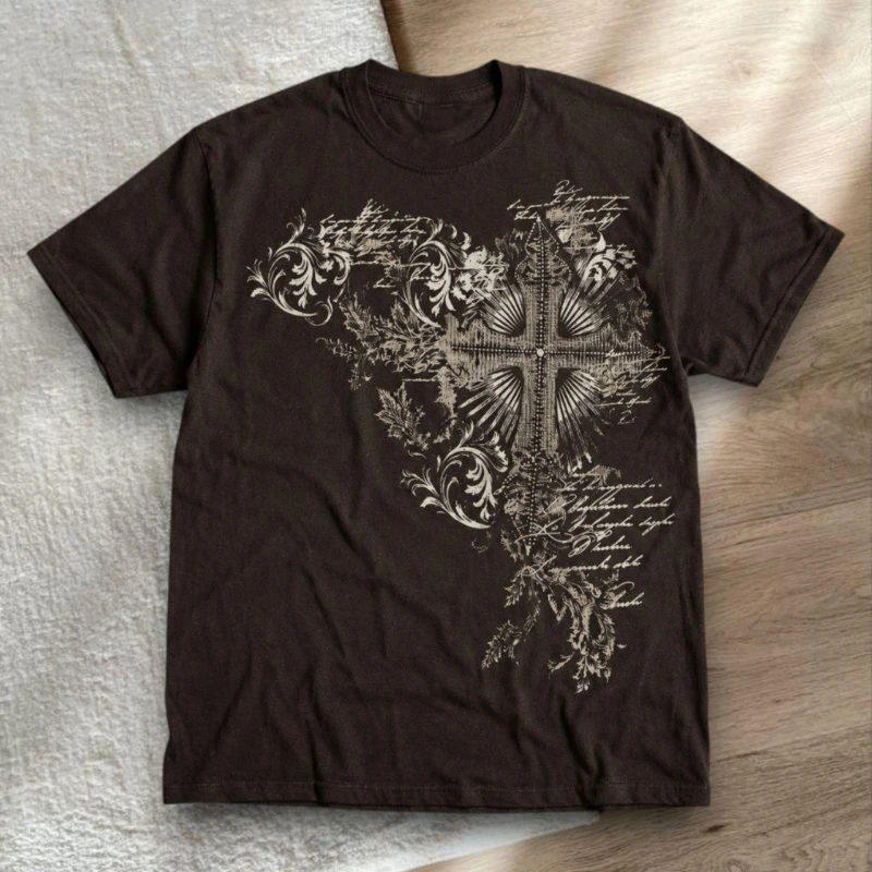 Ornate Cross Pattern Dark Gray Unisex T-shirt Graphic Tee Design Printed Street Style Top for Everyday Summer