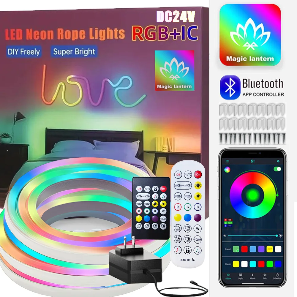 Luces LED de cuerda RGBIC de neón, Control de luces de cuerda de neón LED flexibles de 5M 10M 20M con aplicación/remoto, luces de neón para exteriores IP67 para Deco