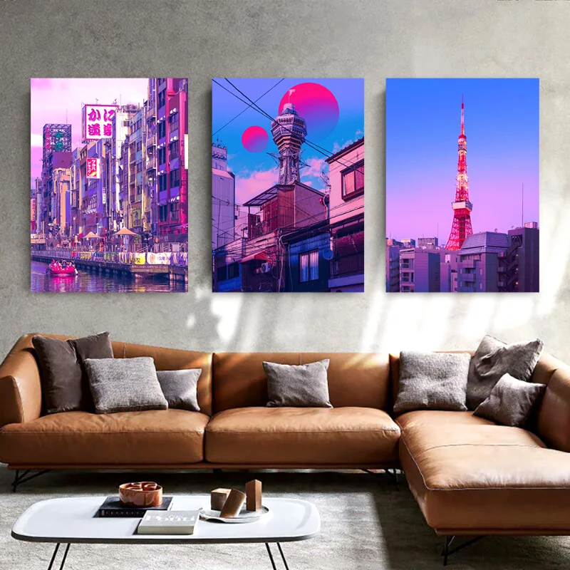 Kyoto Osaka Tower City Street Night City Midnight Matsuri Pink Pop Posters Canvas Painting Wall Art for Kawaii Room Home Decor