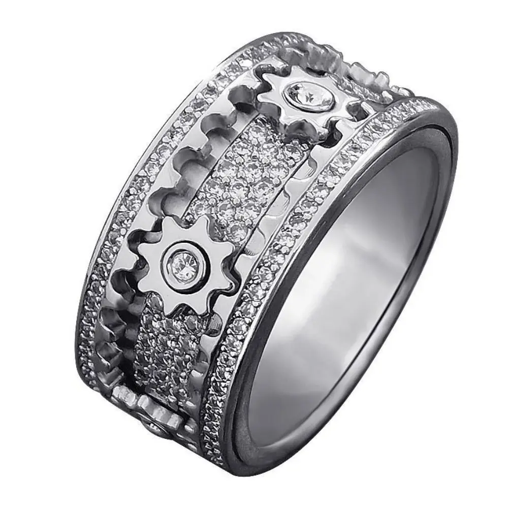 Handmade Diamond Ornate Geometric 3D Band Ring Gear Spinner Rings Rotating Mechanical Decompression Anxiety Ring for Women Men